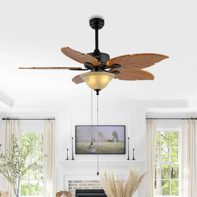 Owen 52  3-Light Coastal Bohemian Iron/Wood Palm Leaf LED Ceiling Fan with Pull Chain, by JONATHAN Y