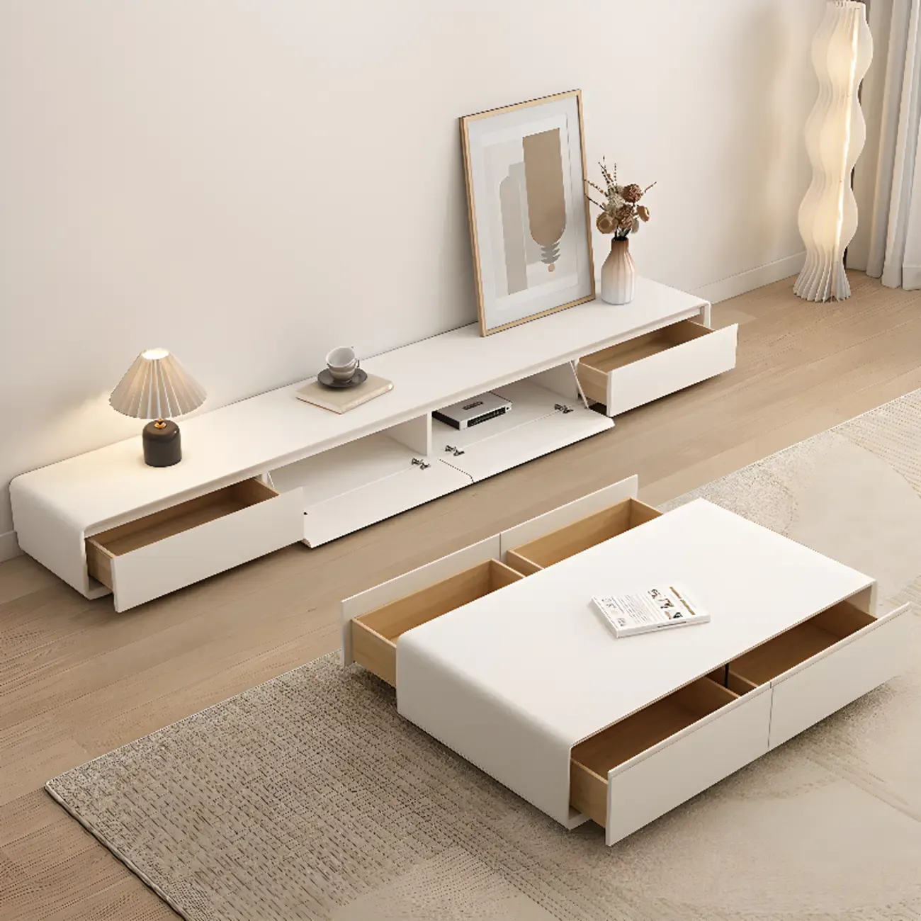 Ventilated 2 Drawers Wood Rectangular White TV Stand