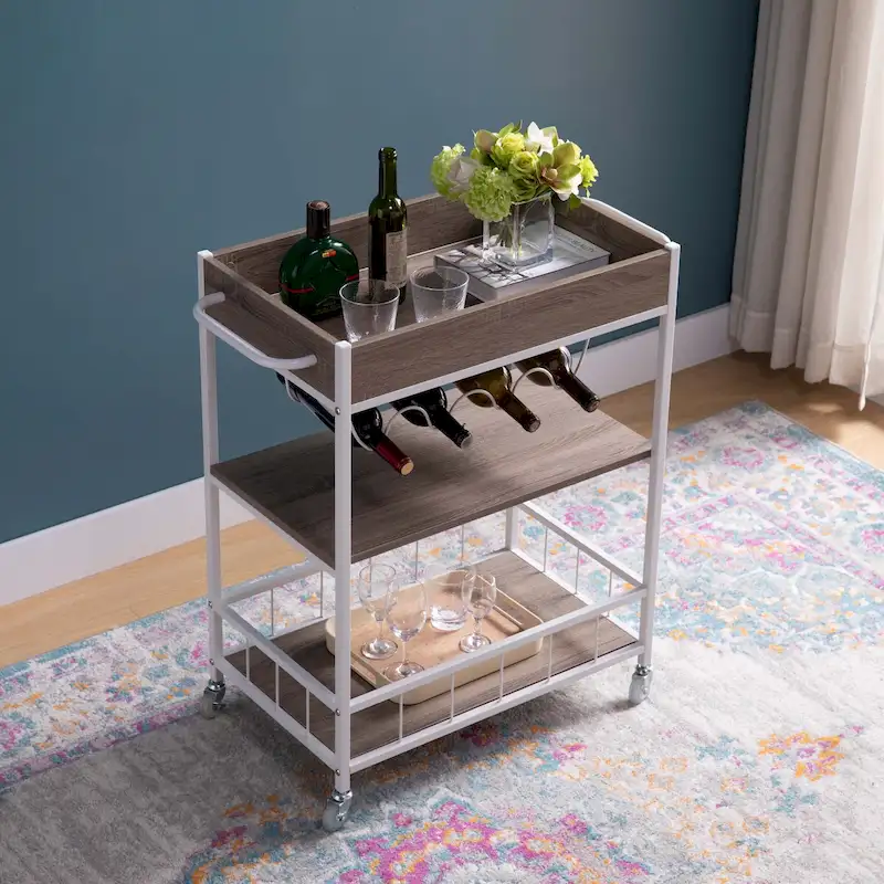 Rolling Kitchen Cart with Three Tier Storage and Four Wine Bottle Rack