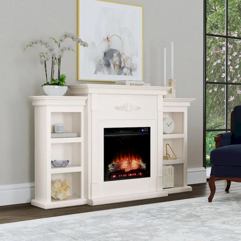 SEI Furniture Electric Fireplace 70-inch Mantel with Bookcase Storage, Ivory