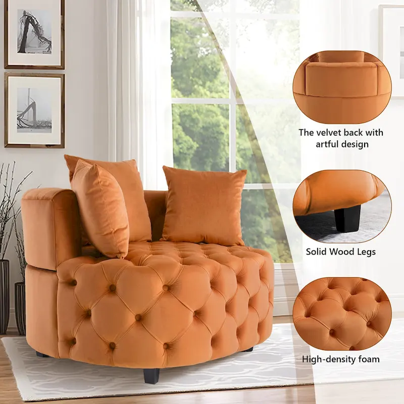Velvet Modern Leisure Big Classical Barrel Chair with 2 Pillows
