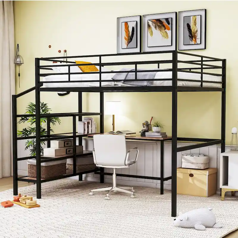 Black Full Metal Loft Bed with Desk & Storage Ladder