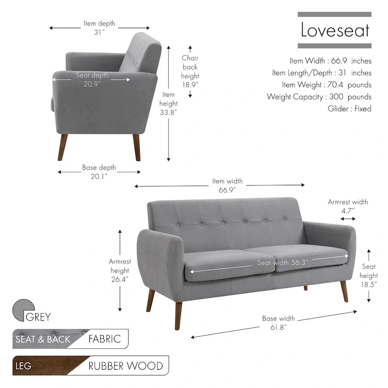 Two-Seater Sofa (Small), Fabric, Rubberwood