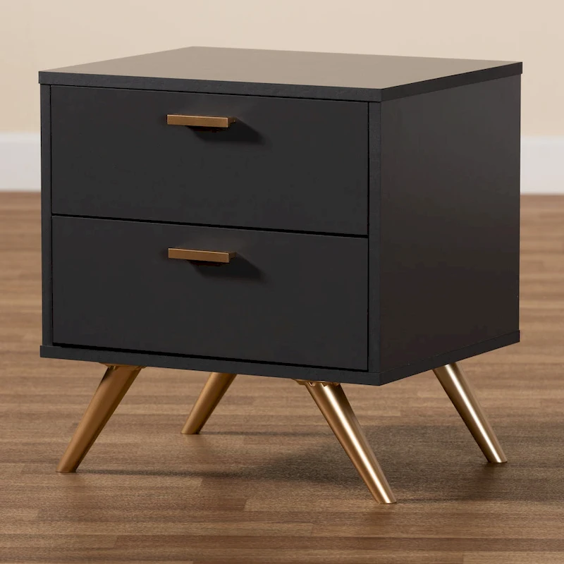 Kelson Modern Dark Grey and Gold Finished Wood 2-Drawer Nightstand