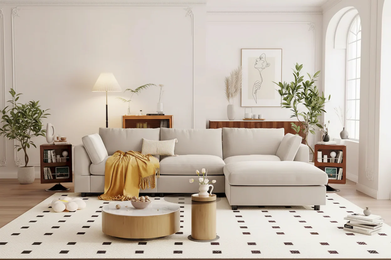 Beige 113 L-Shaped 4-Seat Sectional Sofa with Adjustable Footrest and Reversible Chaise