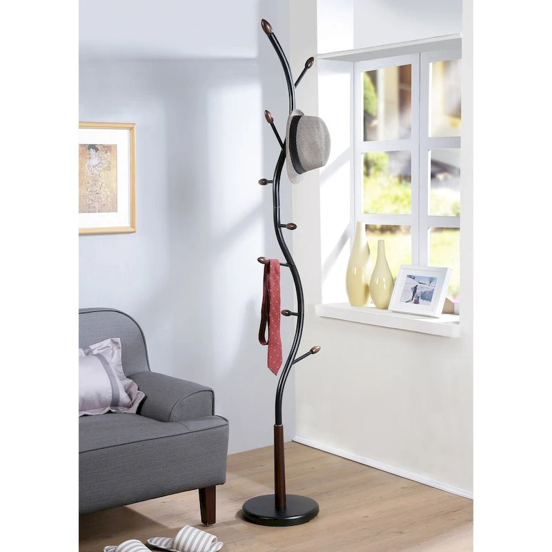 Modern Metal Black and Walnut Standing Coat Rack for Home Entryway Organization & Storage