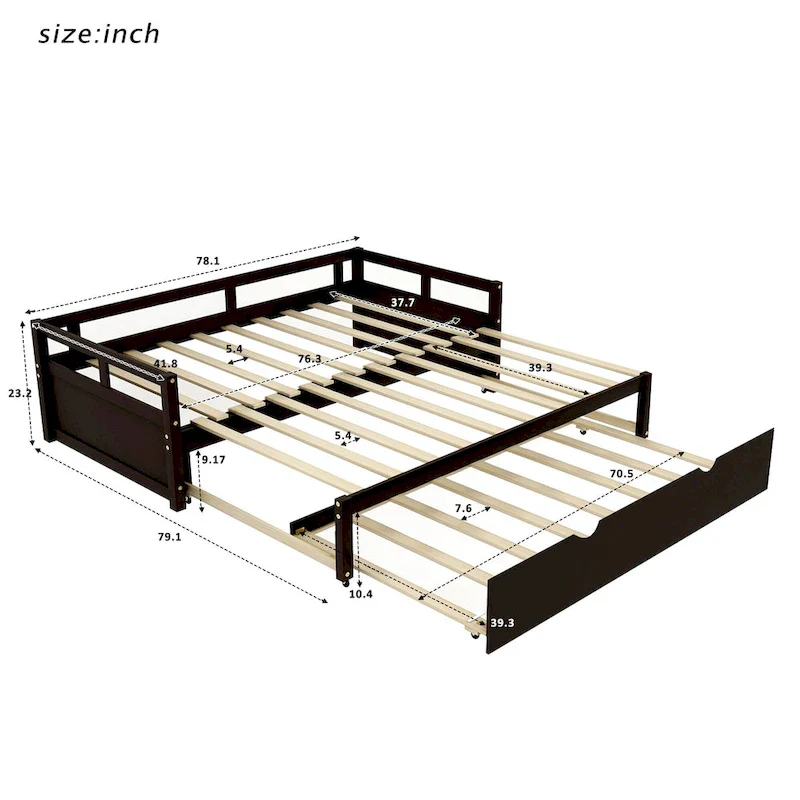 Black Extendable Twin Pine Daybed with Trundle - Sturdy Frame and Slat Kit Included