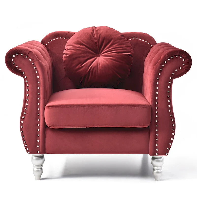 Solid Velvet Accent Chair with Tufted Round Pillow - 39 - Red
