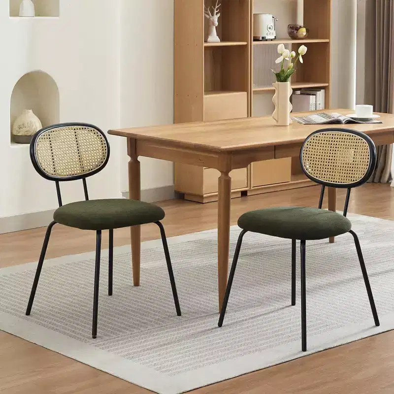 2 Pack Dining Chairs, Modern Velvet Upholstered Dining Room Chairs with Rattan Backrest & Sturdy Metal Legs