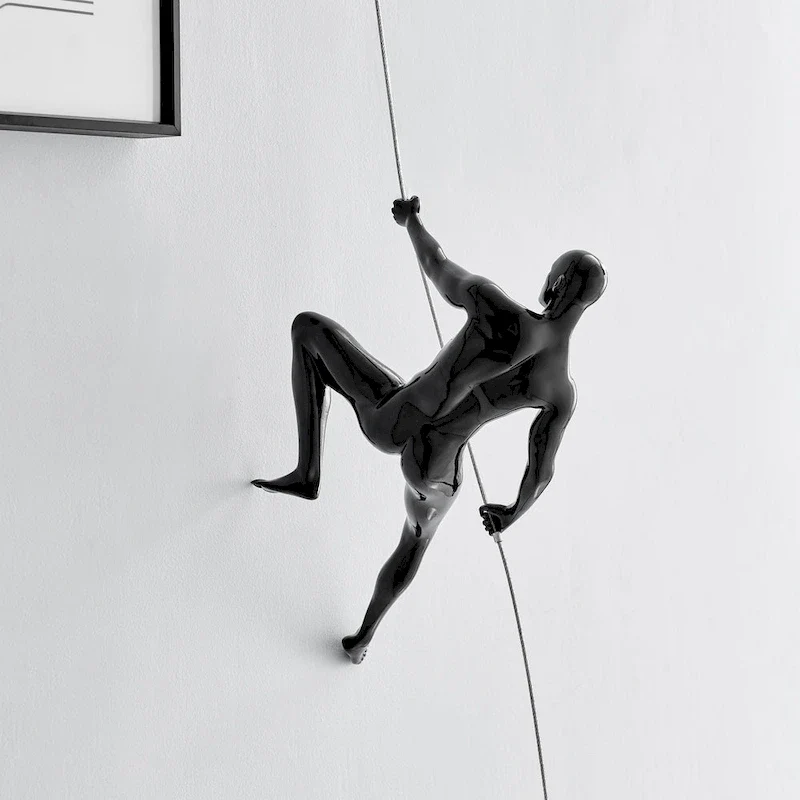 Climbing Man Glossy Black Resin Wall Sculpture - N/A