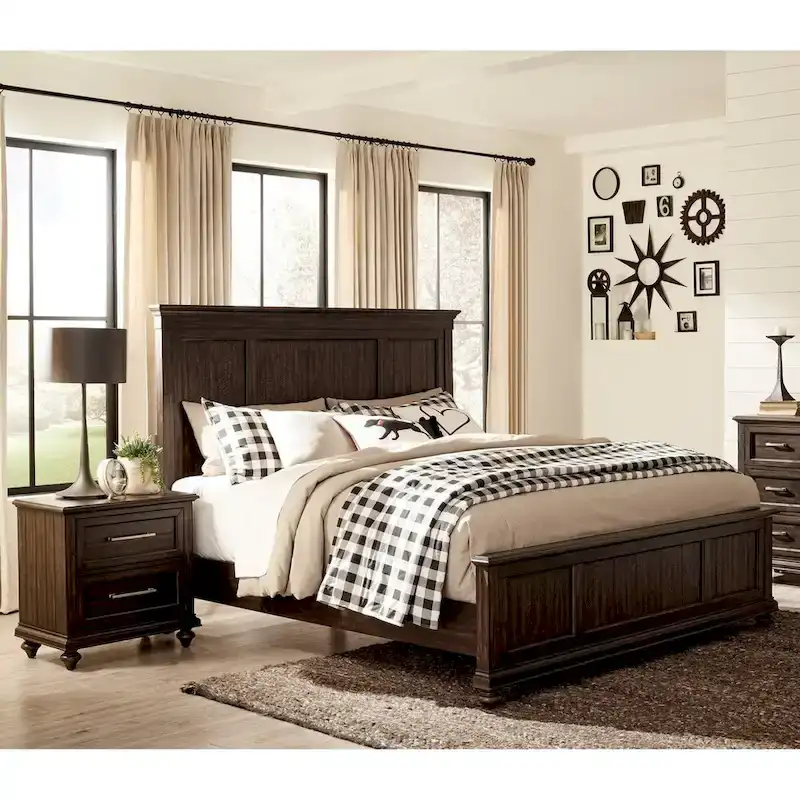 Driftwood Charcoal Finish Bedroom Set 3pc Bed and Two Nightstands