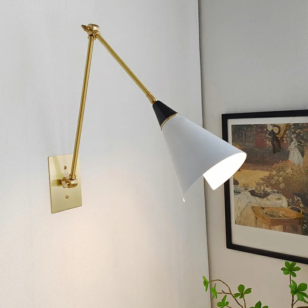 Gold Metal Modern White Aluminum Shade Swing Arm Wall Light
