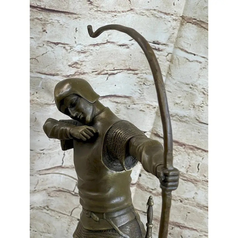 Medieval English British Longbow Bowman Archer Bow Arrow Bronze Statue Sculpture Marble Base