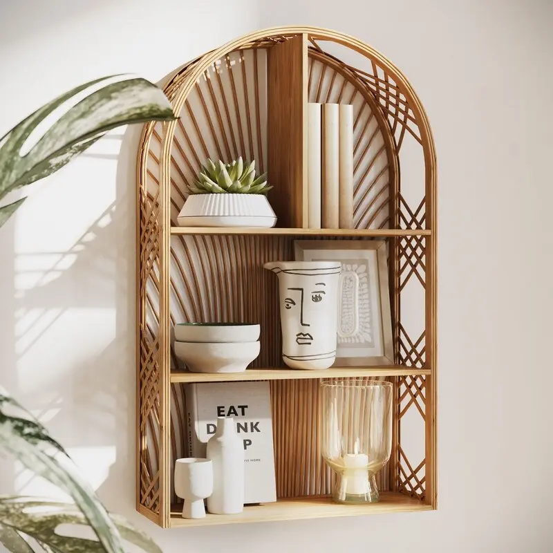 Harmony Arch Rattan Boho Tiered Wall Shelf - 28H x 16.5W x 6D