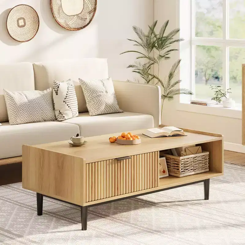 Beige Fluted Rectangle Coffee Table with 2 Drawers and Open Shelves, 4-Leg Design