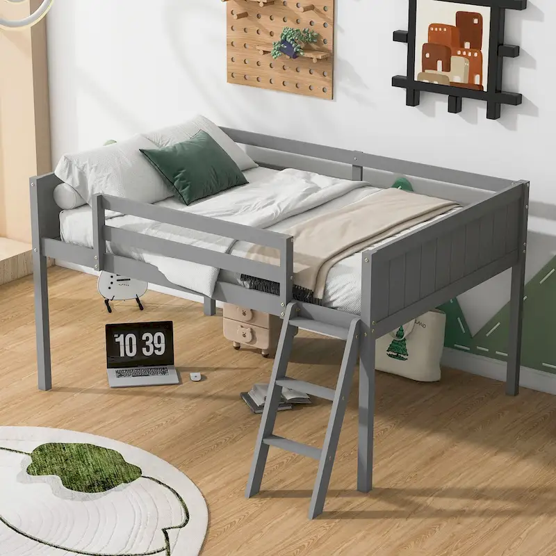 Gray Full Size Solid Wood Low Loft Bed with Ladder and Fence Baffle, and Wood Slats Support for Bedroom
