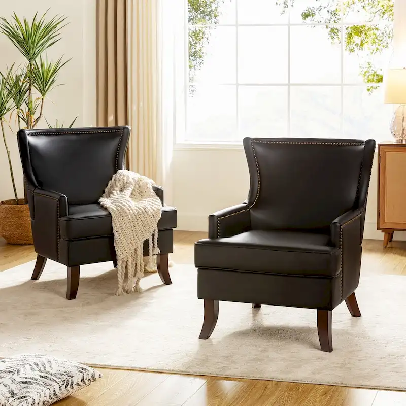 Angeles Mid-century Modern Ergonomic Vegan Leather Armchair with Wingback Set of 2 by HULALA HOME