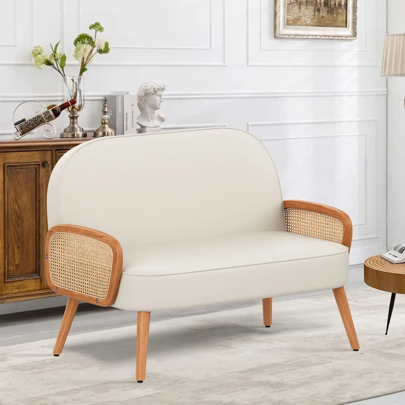 Loveseat Sofa Small Couch for Living Room, Faux Leather Mini Couch Love Seat with Natural Rattan Armrest and Solid Wooden Legs