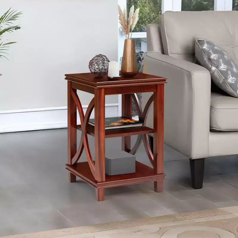 eHemco Solid Wood Square Sofa, End Table with X-Design, Side Table with Storage Shelves, Cherry