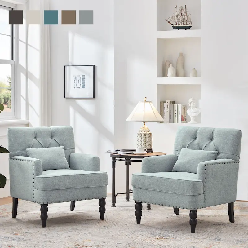 Set of 2 Arm Chair Upholstered Button Tufted Accent Chair with Lumbar Pillow Beige/ Grey/ Light Blue