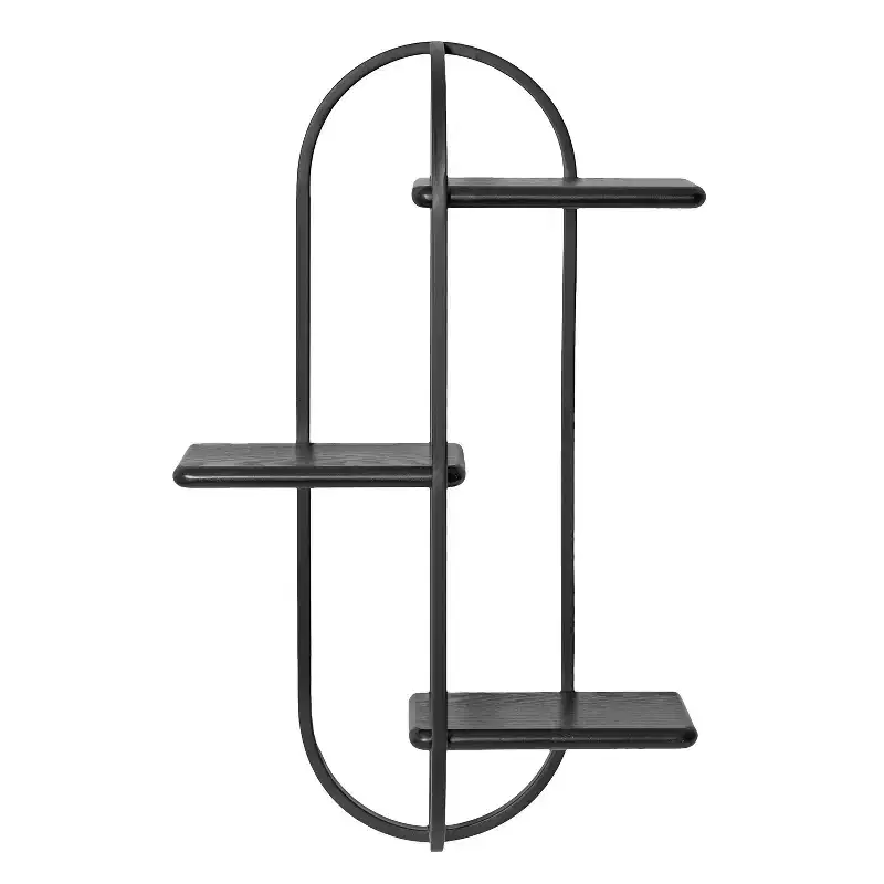 3-Tier Arched Floating Wall Shelf – Black Metal & Wood, 18x5.5x30 in