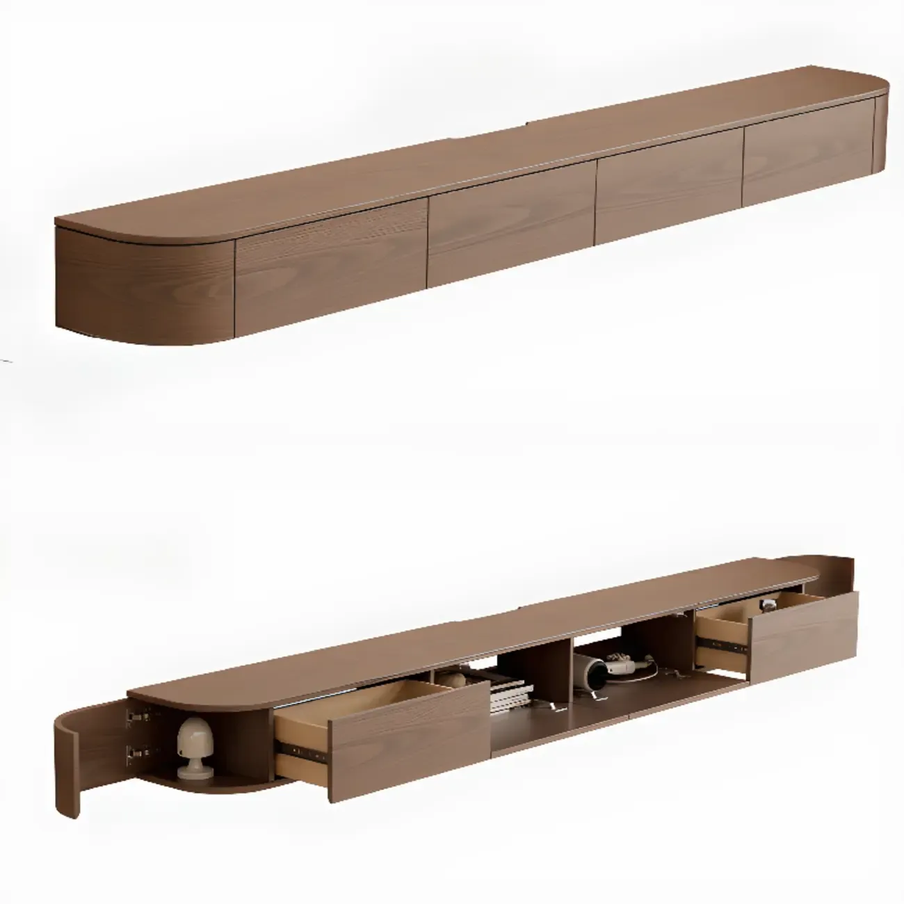 Nut-Brown Modern Wooden Wall-Mounted TV Stand with Light