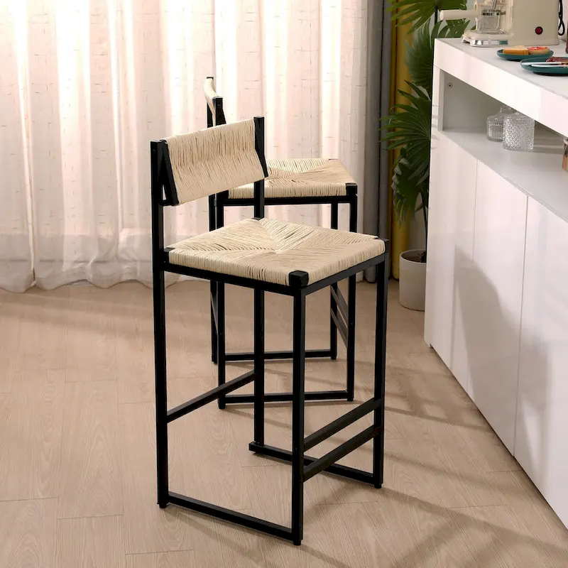 Bar Stools Set of 2 Paper Rope Weave Dining Chairs