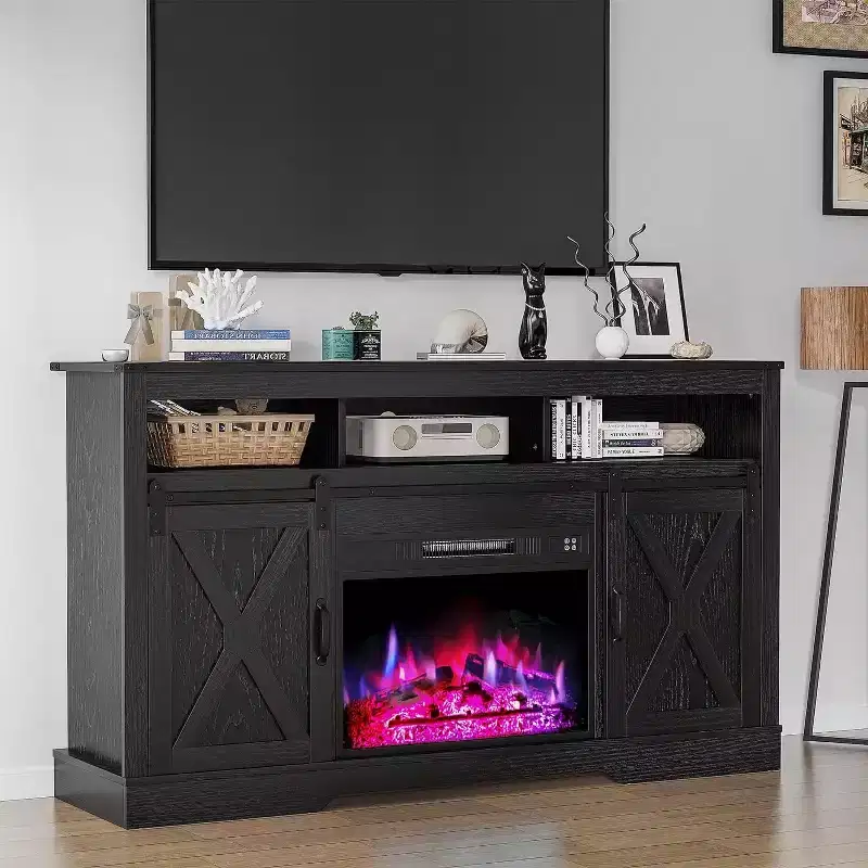 White & Rustic Oak Farmhouse TV Stand with Electric Fireplace, Fits 65
