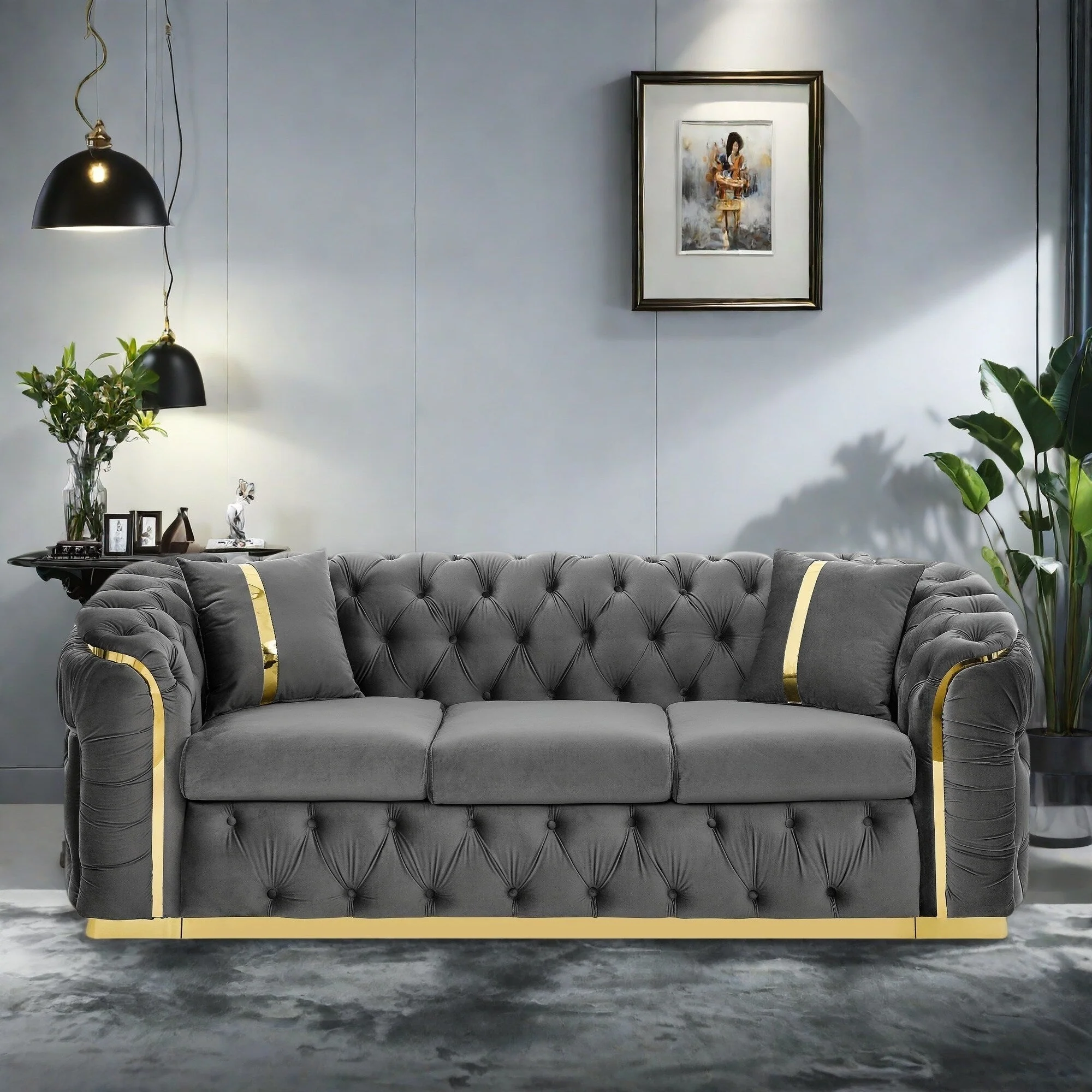 90.6 Velvet 3-Seater Sofa with 2 Pillows High-Density Cushions, Gold Accents, and Pillows