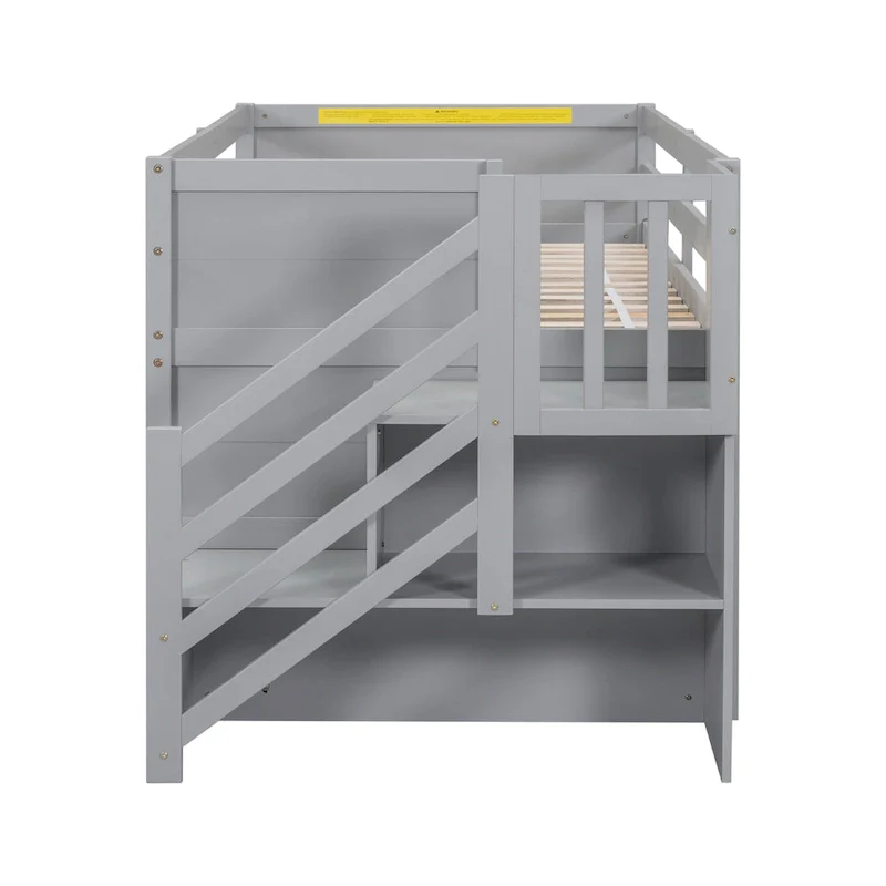 Gray Twin Solid Wood Low Loft Bed with Stair & Drawer
