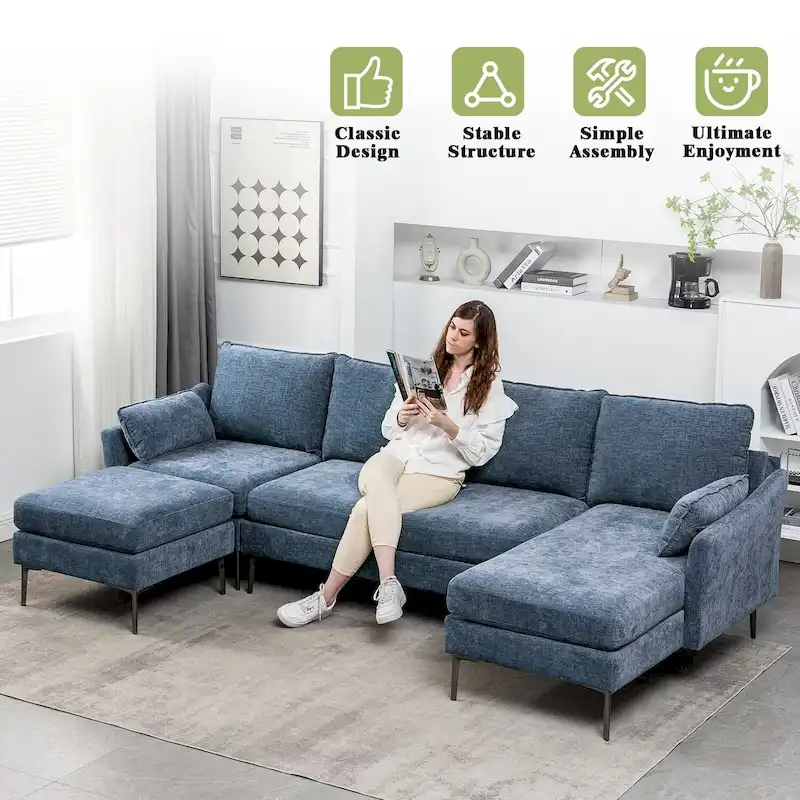 EROMMY U Shaped 6-seat Sectional Sofa Couch, Reversible Sleeper in Modern Chenille Design, with Chaise Lounge and Ottoman