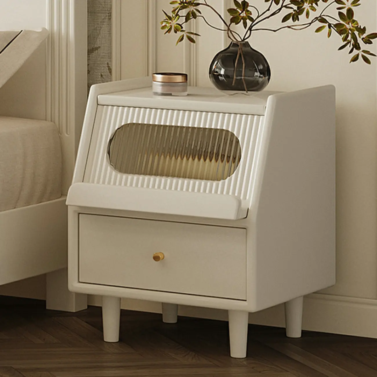 White Rubberwood 2 Drawers Narrow Nightstand with Legs