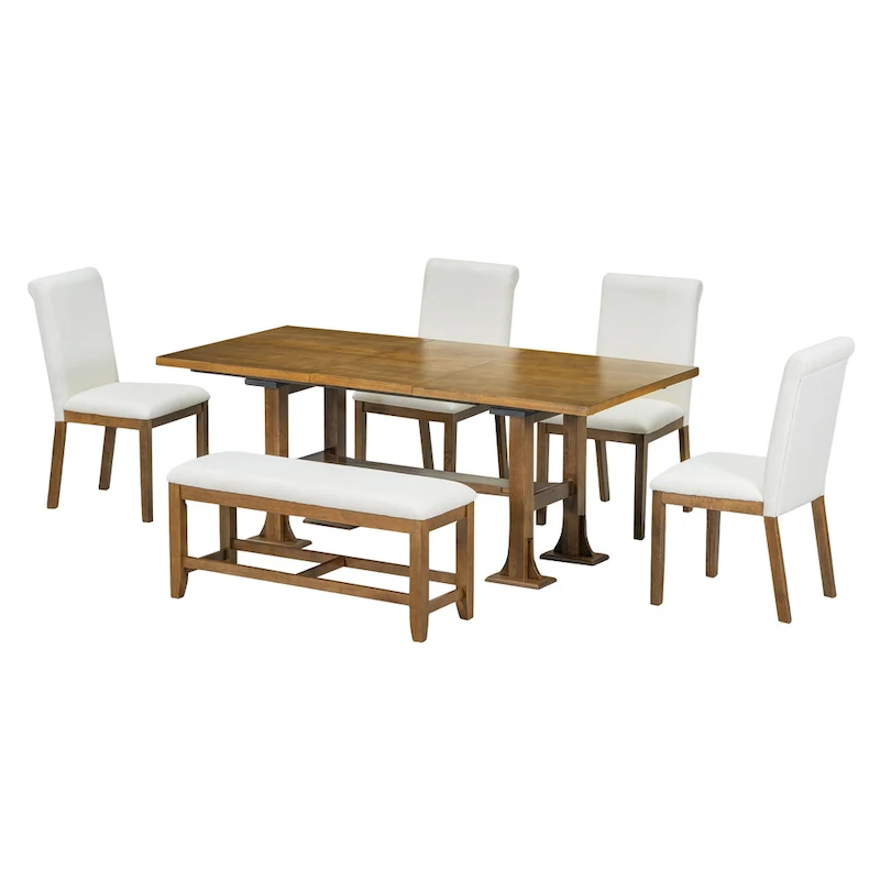 6-Piece Farmhouse Extendable Dining Set with Leaf & Bench