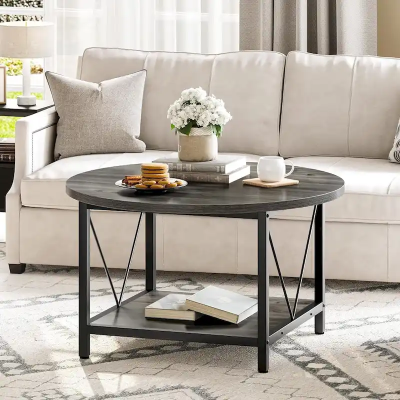 Industrial 2-Tier Round Coffee Table with Shelf
