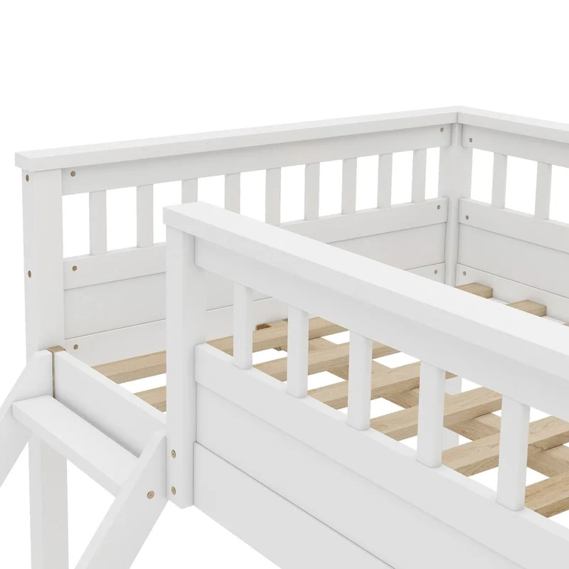 Twin XL over Queen Bunk Bed with Ladder and Guardrails, White