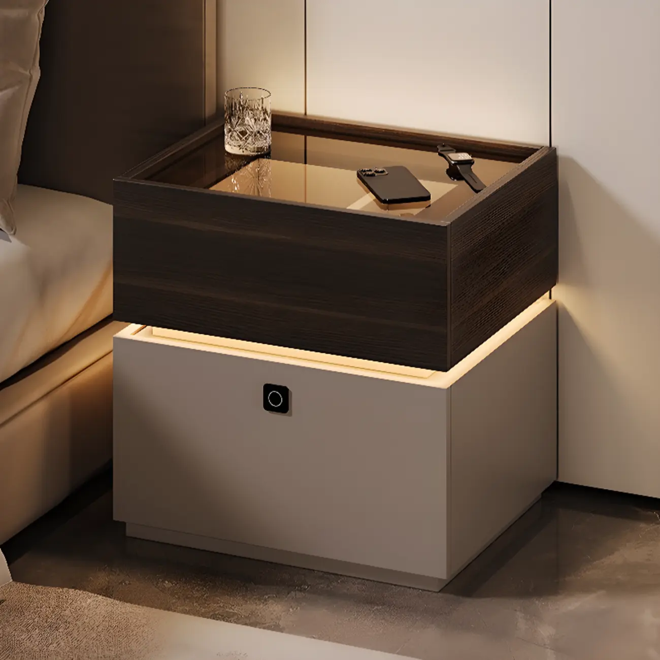 Narrow Black Glass Top 2-Drawer Wood Nightstand with Light