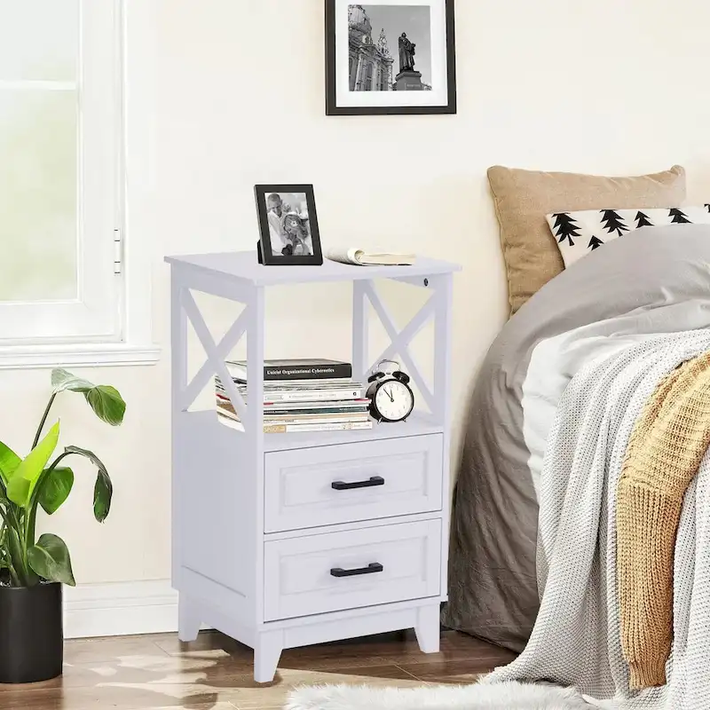 2-Drawer White Wooden Nightstands Storage Cabinet
