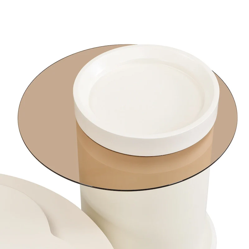 Modern Round Coffee Table Set of 2, 360-Degree Rotatable Flower-shaped Top with 2 Drawers, Top Circle Side Table with Glass