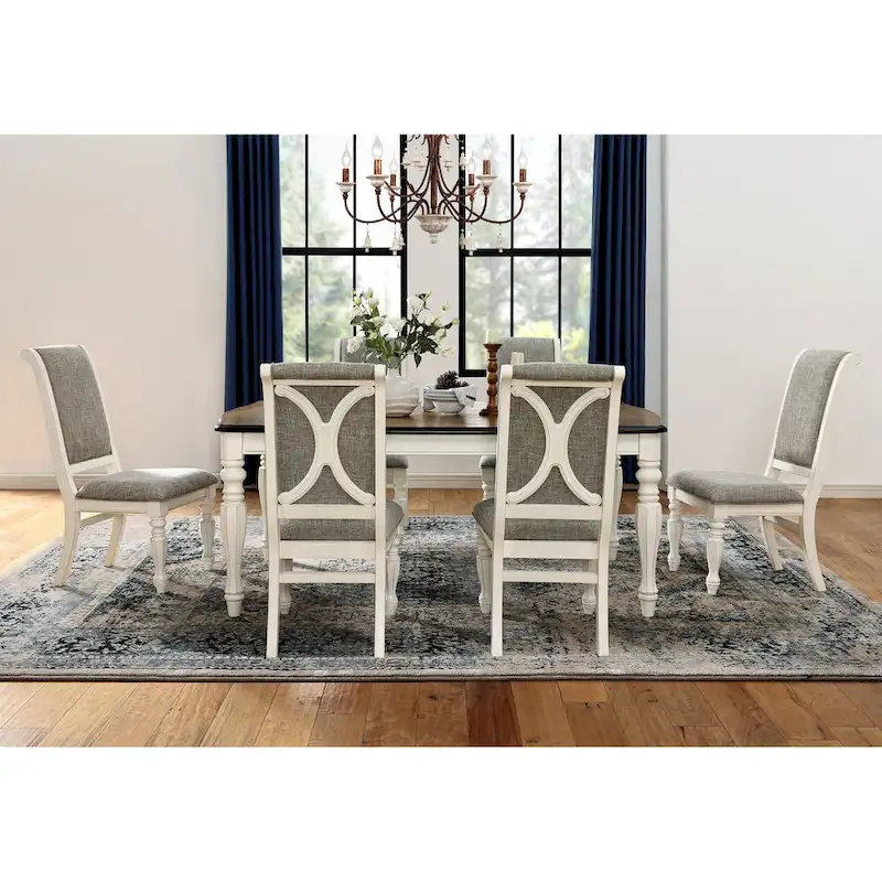 Roundhill Furniture Belleza French Country 7-Piece Dining Set in Antique White and Weathered Oak Finish