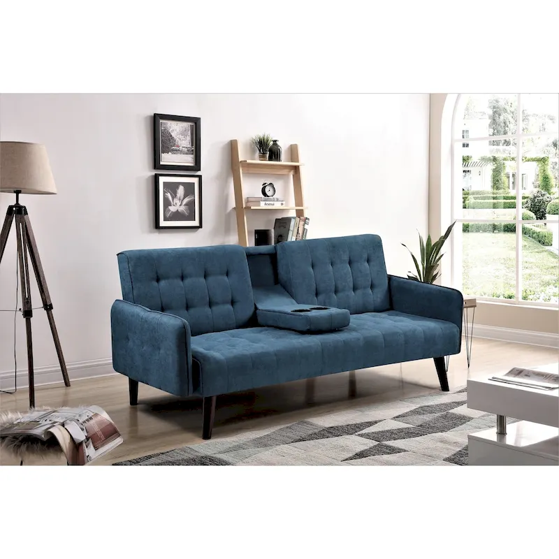 Tufted Linen Futon Sleeper Sofa – Grey / Blue / Green / Beige / Pink / Dark Grey, 2-Seat