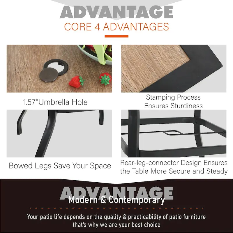 Patio 5-piece Dining Set, 1 Square 37  Metal Table with Umbrella Hole and 4 Rattan Chairs with Cushion