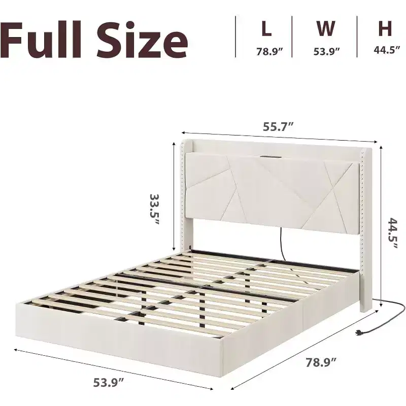 Full Size Floating Bed Frame, Upholstered Platform Beds with Storage Headboard & Folding Shelves Storage, Metal Slats Support, No Box Spring Needed