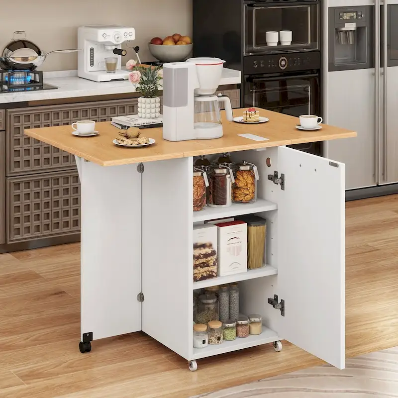 Moasis Foldable Kitchen Island With Trash Can Storage Cabinet & Power Outlet