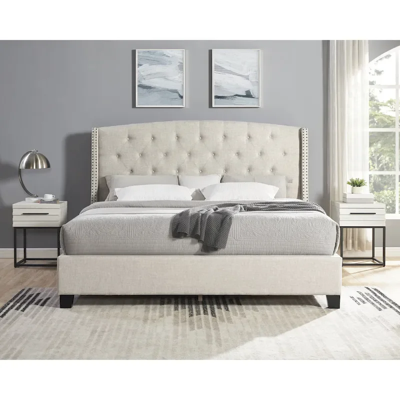 Roundhill Furniture Astral 3-Piece Upholstered Bedroom Set Tufted Wingback Bed with Two Nightstands
