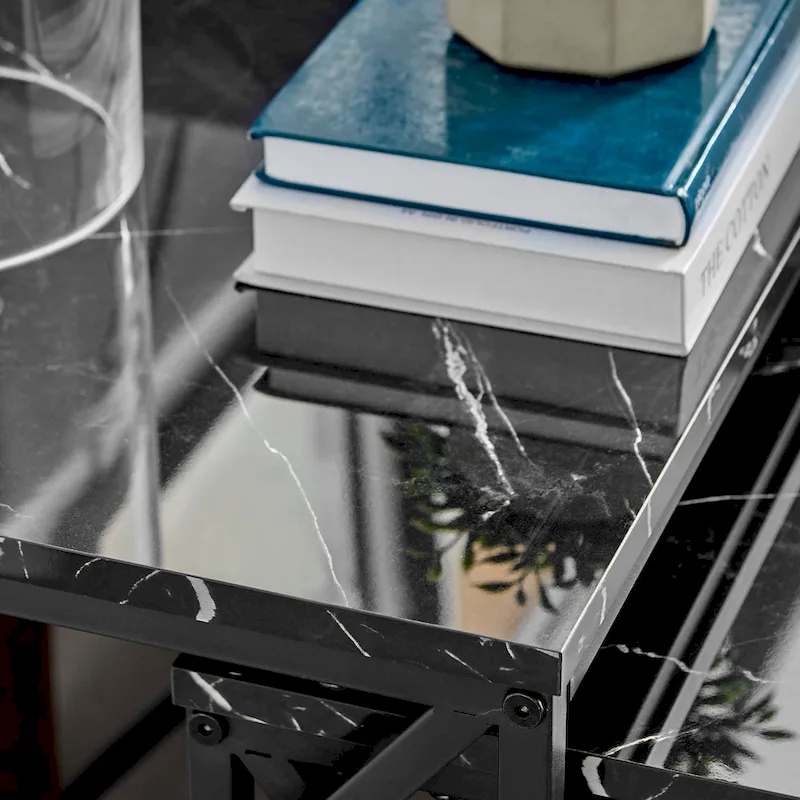 Modern Square Marble Finish Veneer Top Black Metal Frame Nesting End Tables - Set of 2