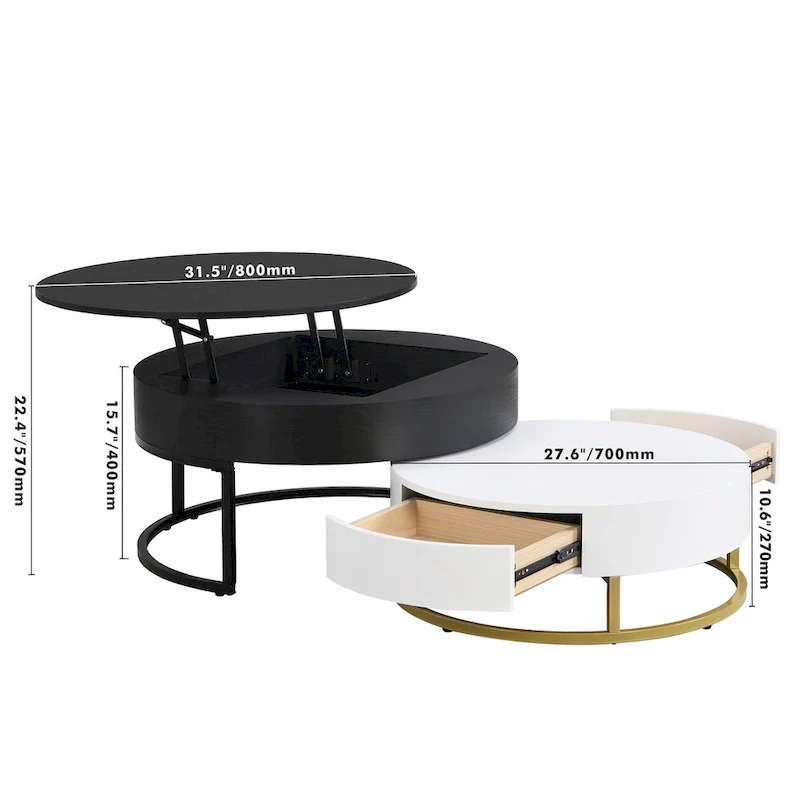Modern Round Lift-Top Nesting Coffee Tables with 2 Drawers, Hydraulic Mechanism, MDF, White & Black