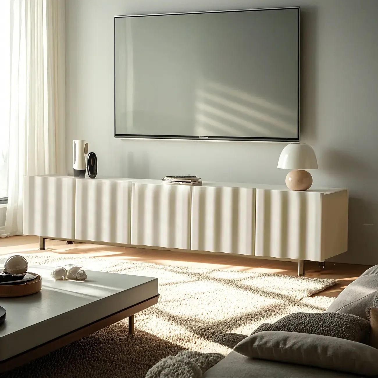 White Modern Wood Wave Textured TV Stand with Storage