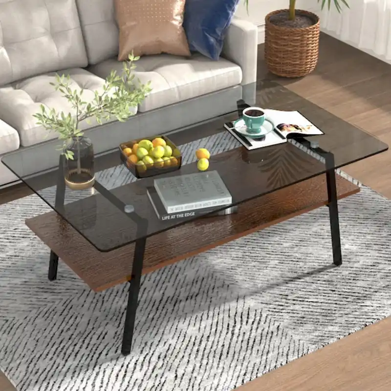 Rectangle Coffee Table, Tempered Glass Tabletop with Black Metal Legs, Modern Table for Living Room