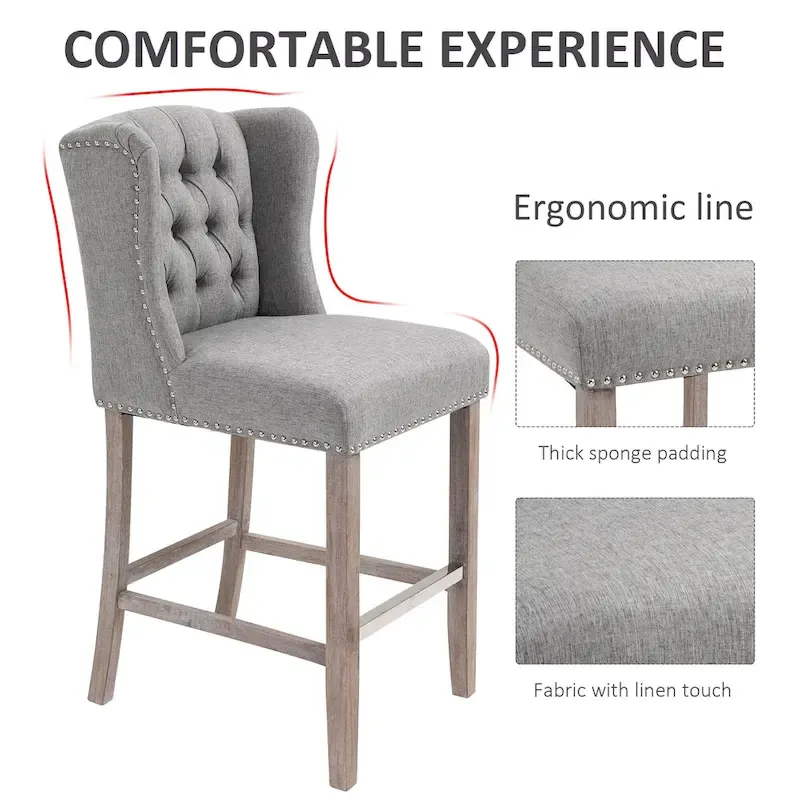 HOMCOM 2 Piece Counter Height Barstools Kitchen Breakfast Stools with Nailhead-Trim and Tufted Back, Solid Wood Legs