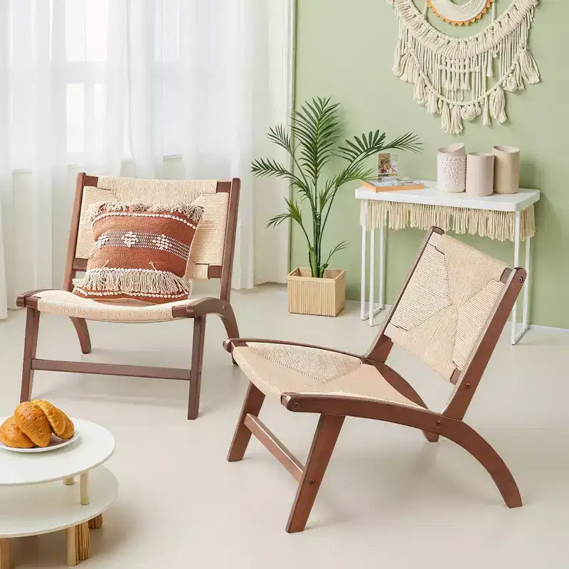 MAYEERTY Modern Boho Accent Chair - Scandinavian Beech Wood, Braided Jute Woven Seat & Back (Light Amber-Beige)